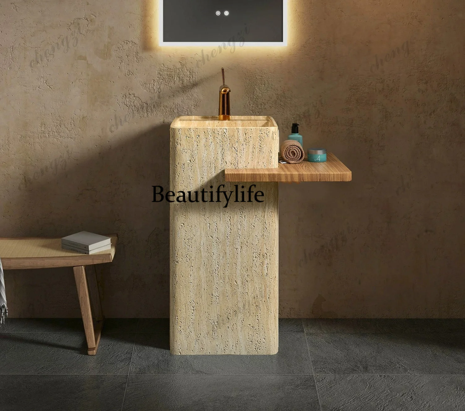 P37 wabi-sabi medieval natural travertine granular column basin integrated floor-to-ceiling creative art washbasin