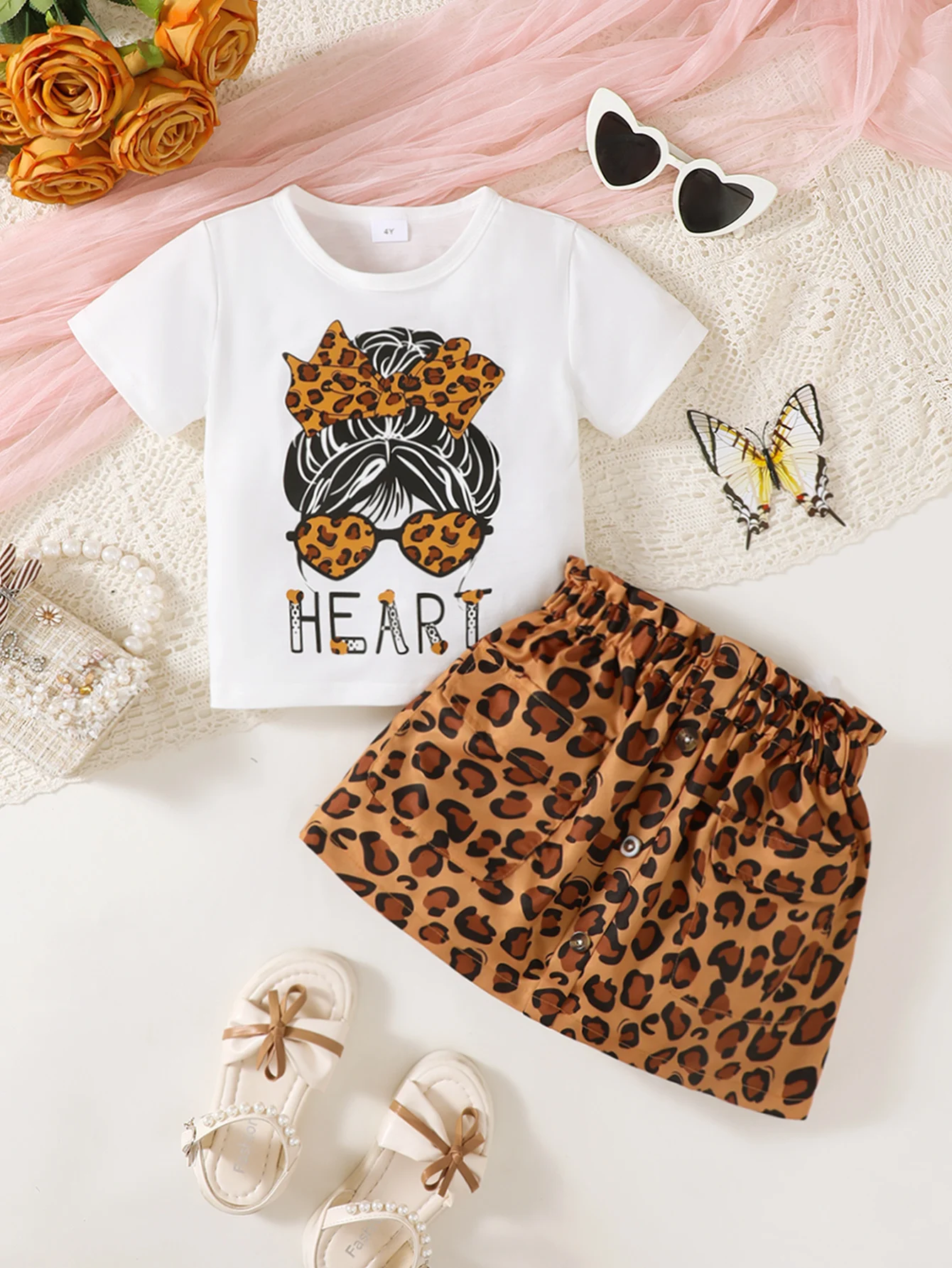 Summer 0-4 Years Old  Infant  Baby  Girls  Little Girl  Print  Top  And  Leopard  Print  Skirt  Casual  2-Piece  Set