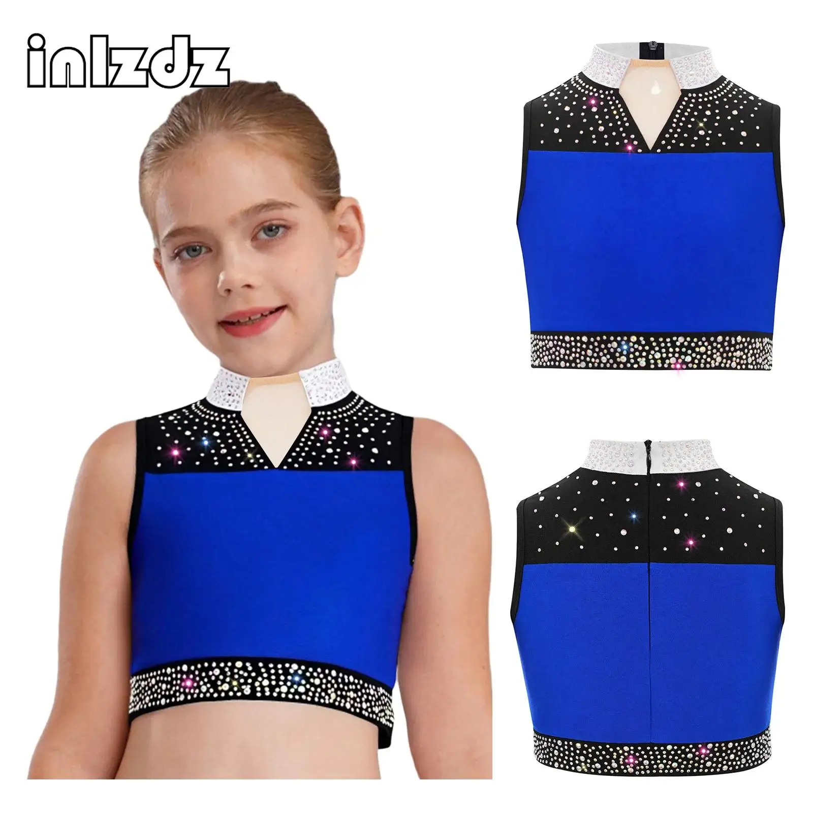 Strój do tańca lirycznego i współczesnego dla dziewcząt, bez rękawów, kamizelka gimnastyczna, do łyżwiarstwa figurowego, brokatowy, z dżetami, krótki top, odzież taneczna