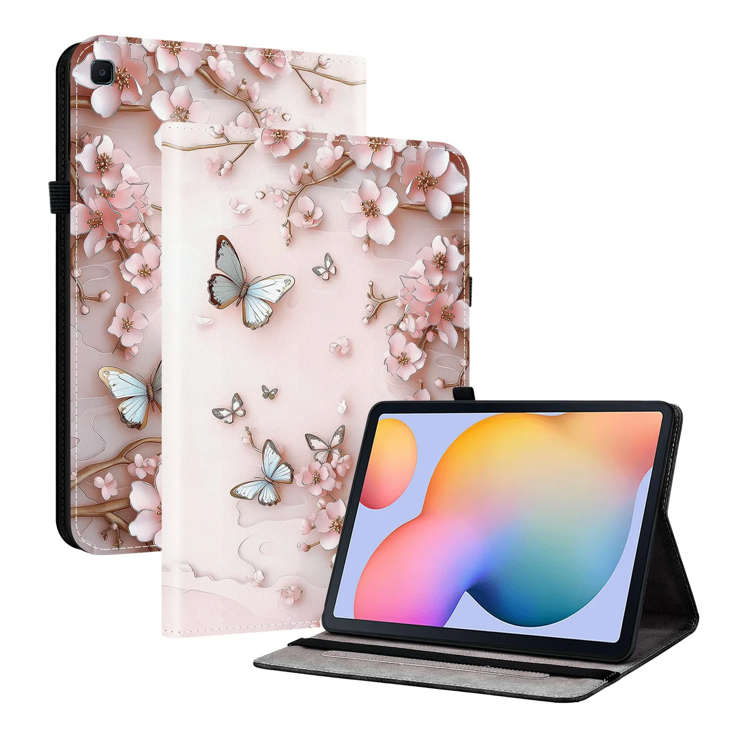 For Samsung Galaxy Tab S6 Lite (2024)  /  (2022) Leather Case Pattern Printed Stand Tablet Cover with Card Slots - Pink Butterfl