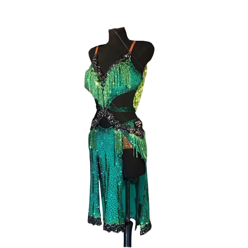 Latin Dance dress High-end Custom Green Diamond Sexy Sling Samba Tango Women Stage Professional Clothing