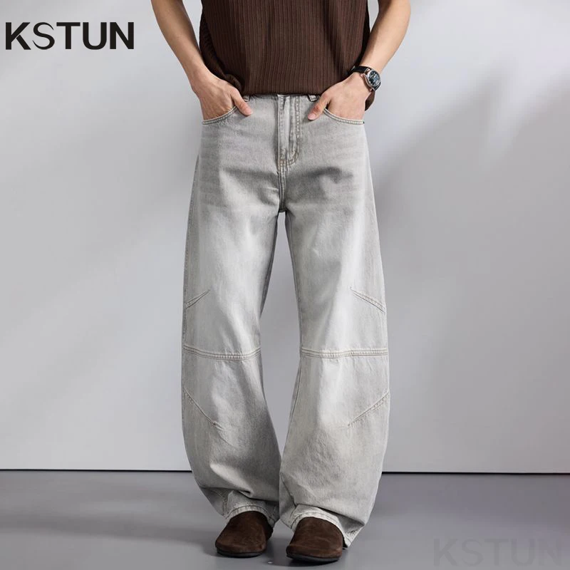 

KSTUN 2026 Summer Men's Wide-leg Jeans Loose Baggy Pants Vintage Patchwork Light Gray Curved Blade Pants‌ Men's Clothing
