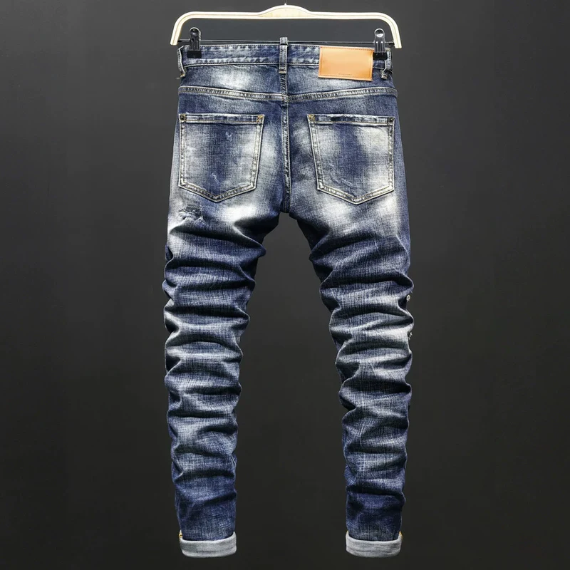 Men Blue Horizontal‑Streak Wash Multi‑Position Frayed Ripped Stretch Skinny Denim Jeans Hip‑Hop Streetwear Denim Jeans hombre