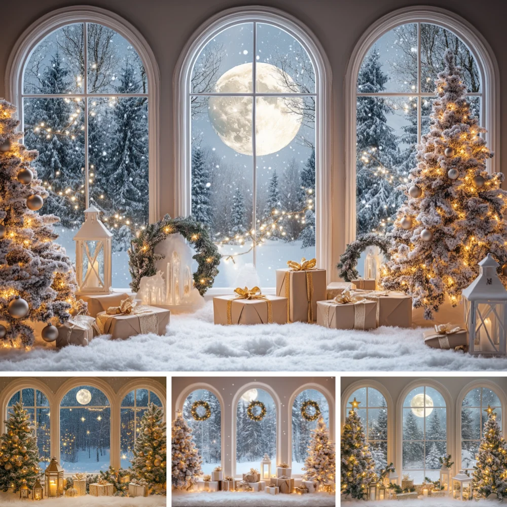Window Christmas Photo Backdrop Full Moon Snow Forest Xmas Tree Wreath Lantern Gift Box Winter Portrait Studio Background Prop