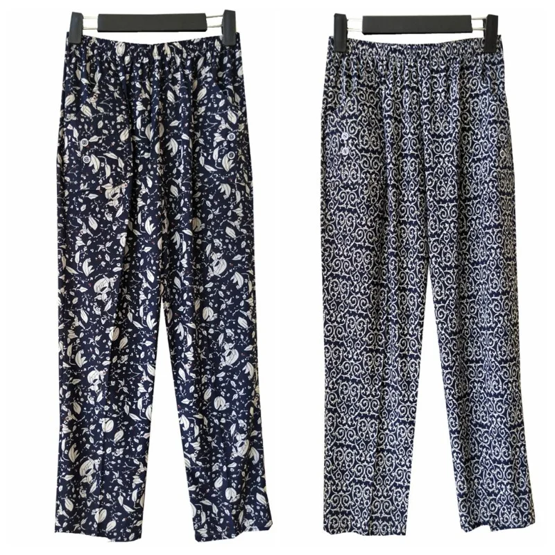 Summer Middle Aged Women Printed Pants Casual High Waist Cropped Trousers Grandma's Loose Thin Ice Silk Straight Pants