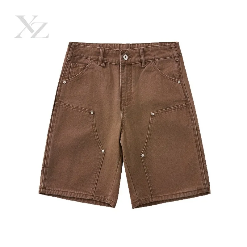 Opening Sale |American Retro Washed Denim Shorts Men Metal Rivet Patchwork Straight Five Points Bermuda Shorts Streetwear Casual