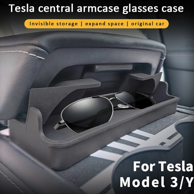Model Y 2024 Center Control Armrest Glasses Box for Tesla Model 3 2023 Silicone Sunglasses Storage Box Organizer Car Accessories