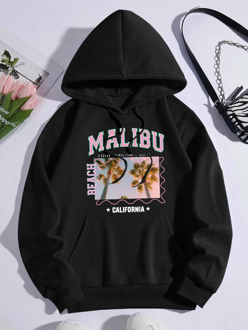 

Malibu Beach Hoodies Womens California Printing Sweatshirts Fleece Warm Pocket Loose Streetwear Winter Casual Womans Clothes