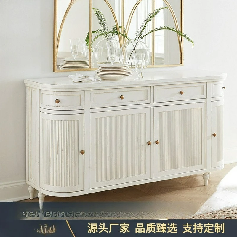 

Customized, American light luxury solid wood dining side cabinet, simple white carved decorative cabinet in the living room