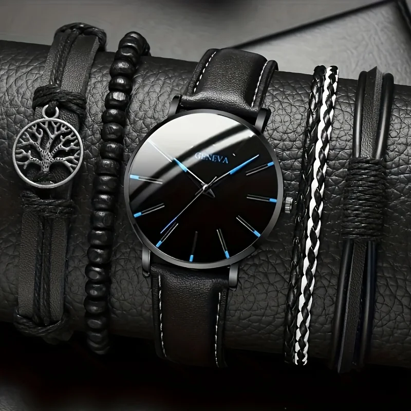 Homens Couro PU Pulseiras Árvore da Vida, relógio de pulso de quartzo, pulseiras comerciais, moda legal, 5 peças por conjunto