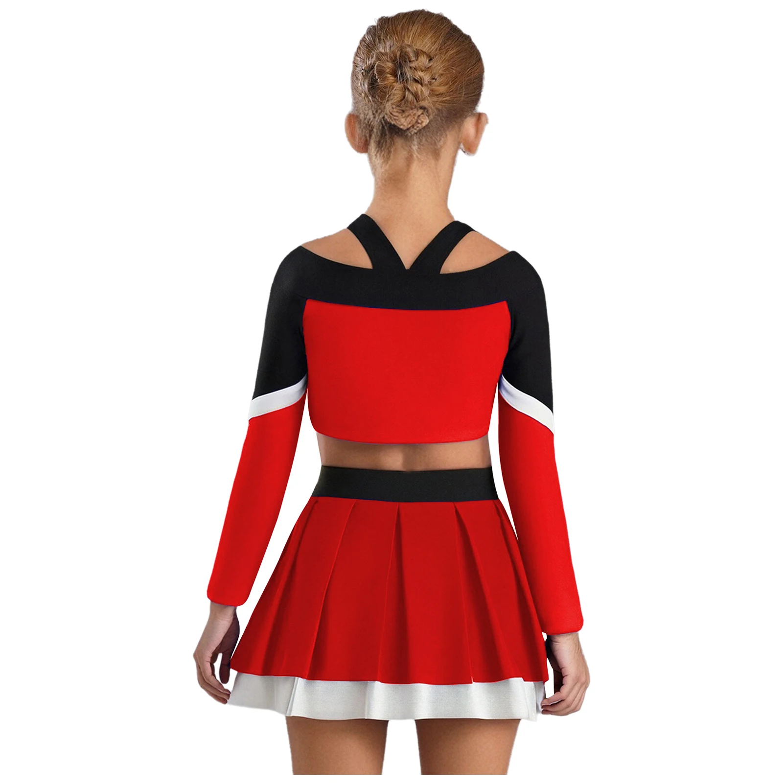 Teen Girls Cheerleader Uniform Cheerleading Cheer Dance Performance Costume Long Sleeve Letter Print Crop Top with Pleated Skirt