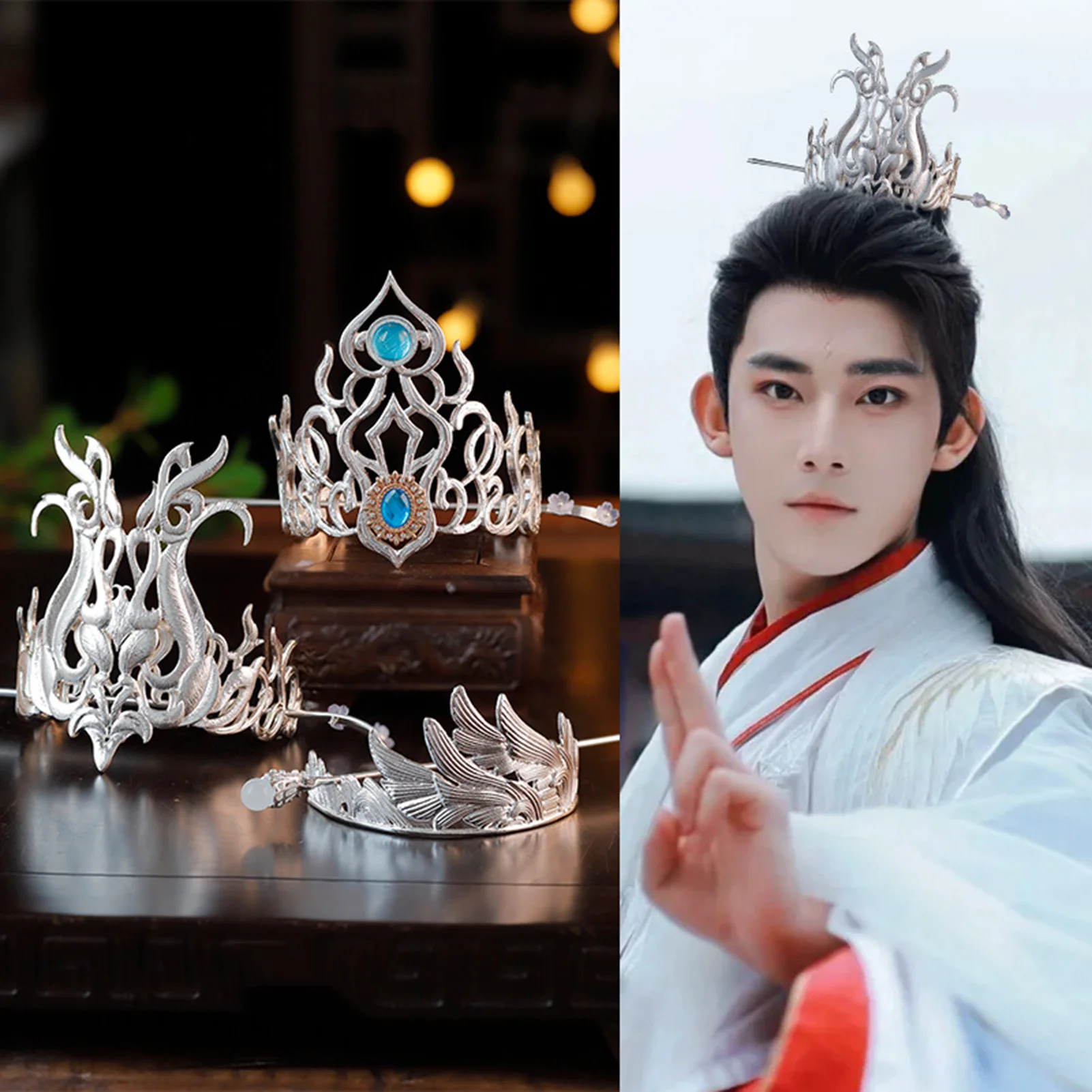 Retro Chinese Hair Crown Alloy Tiaras and Crowns Pearl Headbands with Hair Sticks Vintage Hair Jewelry for Men Women Gift