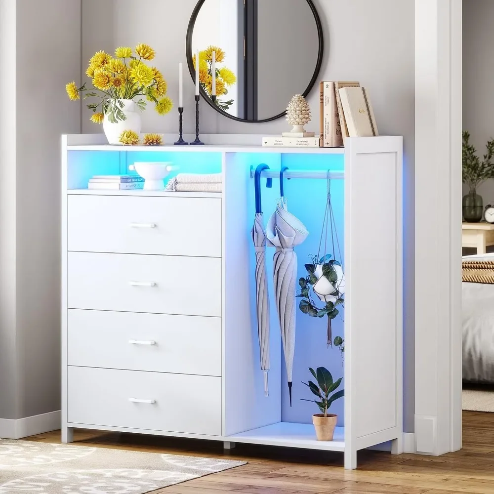 Commode pour chambre à coucher avec porte-vêtements, commodes et commodes, commode à 4 tiroirs avec lumières LED, commode longue moderne à LED