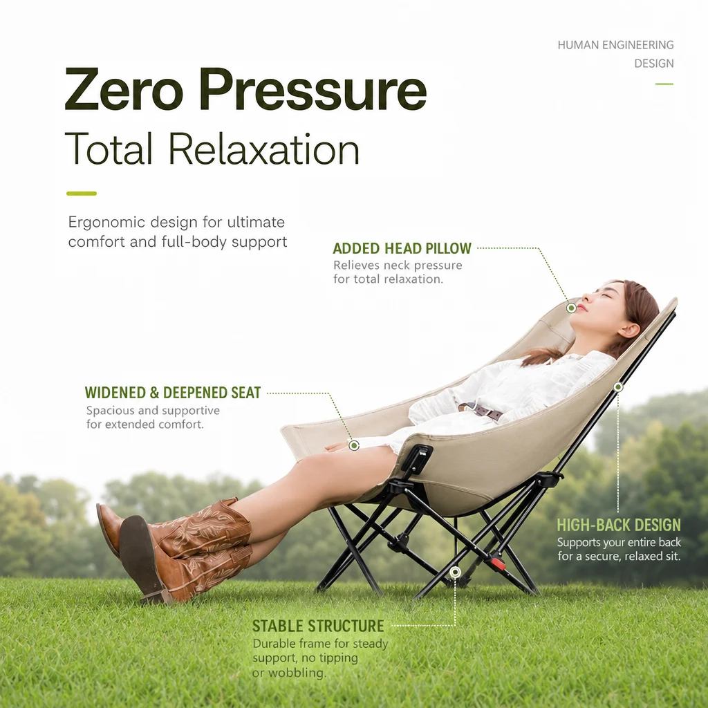 Portable Folding Moon Chair 3-Position Adjustable Backrest Recliner Outdoor Camping Fishing Beach Chair with Storage Pocket