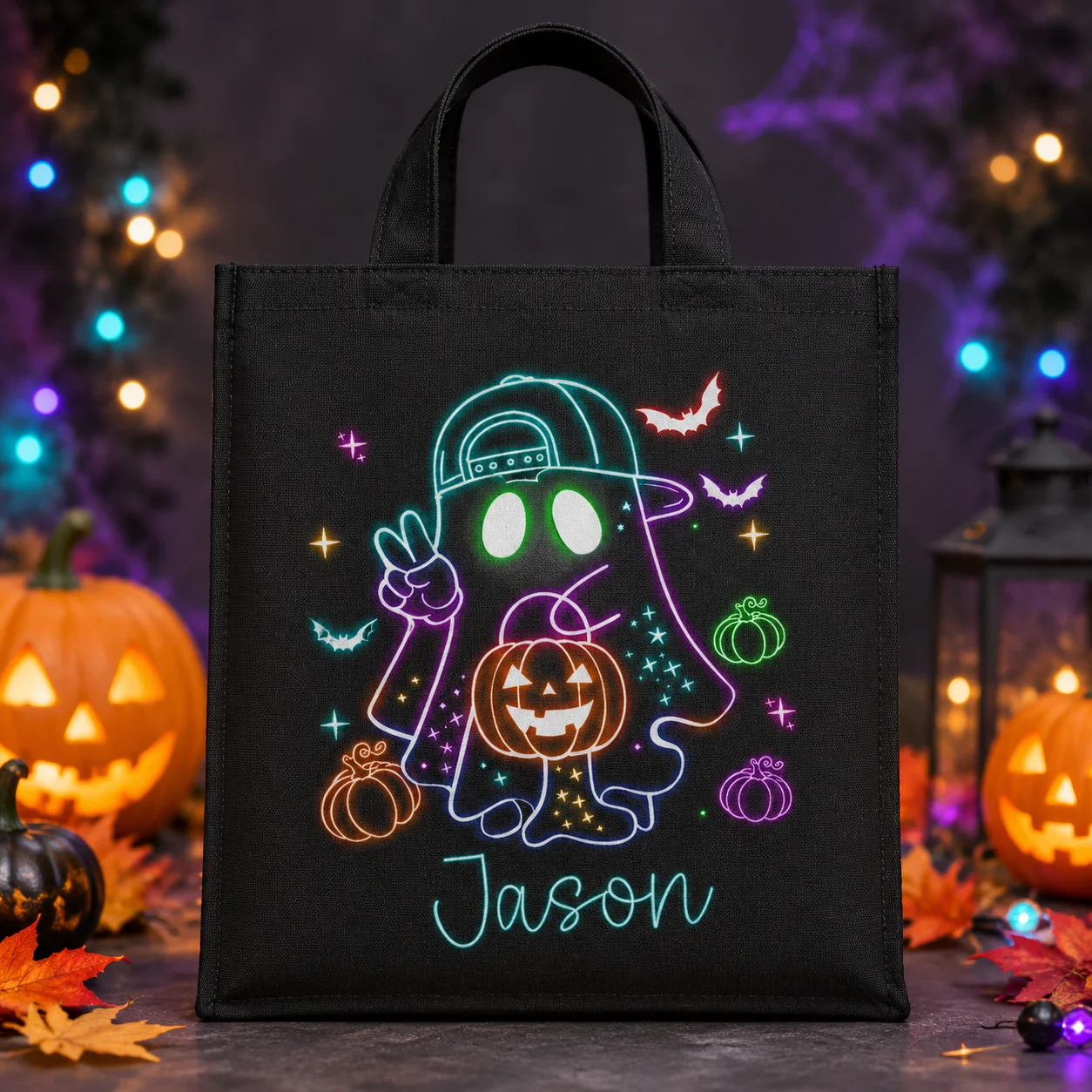 Custom Halloween Canvas Bag Spooky Pumpkin Skull Custom Name Logo Text Large Shopping Gift Handbag For Women Family Party Gifts