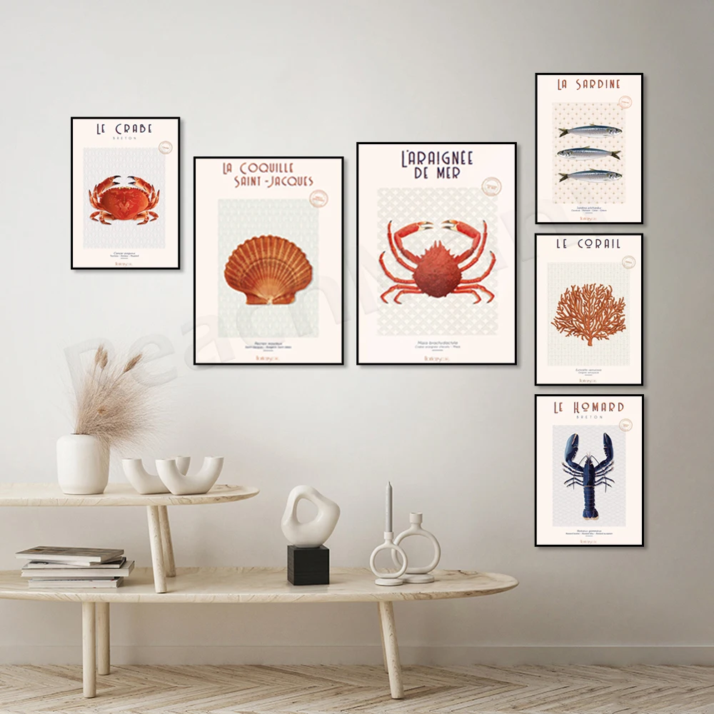 Brittany lobster poster, sardines, sea spiders, crabs, sea creatures, illustration - deco - wall art