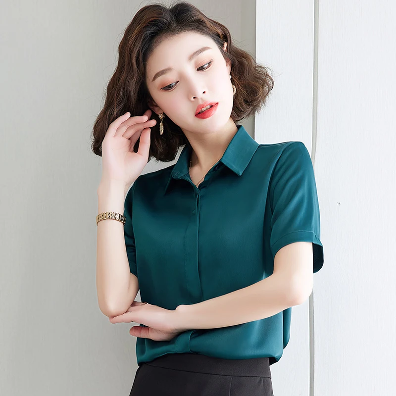 New Lapel Fashion Versatile Satin Professional Pure Color Short Sleeved Shirt For Women\'S Summer Thin Chiffon Temperament Top