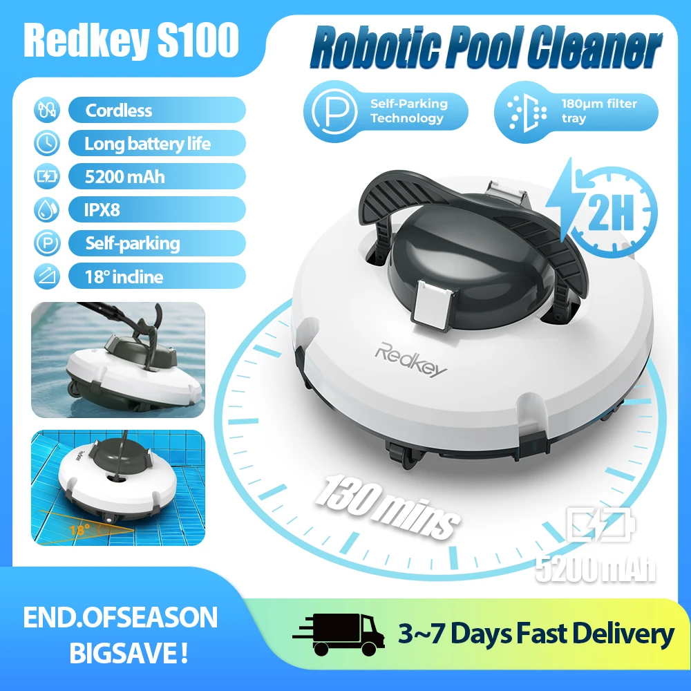 Nettoyeur de piscine robotisé sans fil Redkey S100 avec double moteur et stationnement automatique pour piscines à fond plat