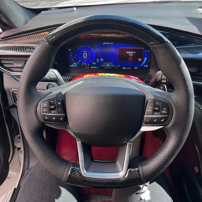 

DIY custom Hand sewing Genuine Leather Carbon Fiber Anti-slip Steering Wheel Cover For Ford Explorer 2023-2024 Car Accessories