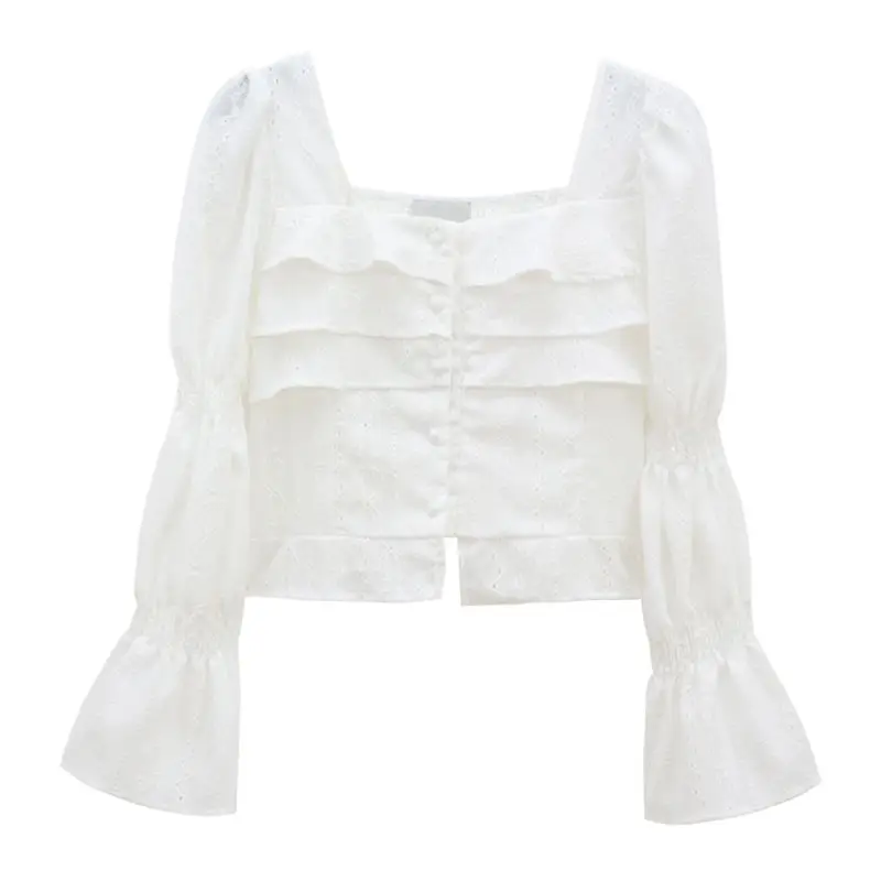 

Summer New Square Colla Pleated Short Korean Blouse Long Sleeve White Fashion All-match Shirt Tops Sweet Elegant Women Clothing