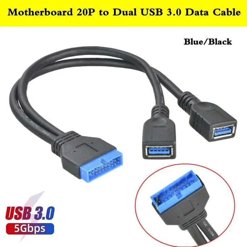 25cm Motherboard 19 Pin to Dual Port USB 3.0 Female Connection Cable 20 Pin Hole Chassis Front Panel 1/2 Expansion Cable 5Gbps