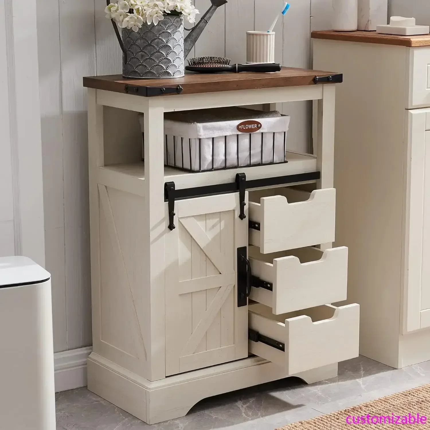 

Напольный шкаф для ванной комнаты, шкаф в стиле фермерского дома с раздвижной дверью-амбаром и выдвижными ящиками для хранения, небольшой шкаф для хранения для ванной комнаты, кухни