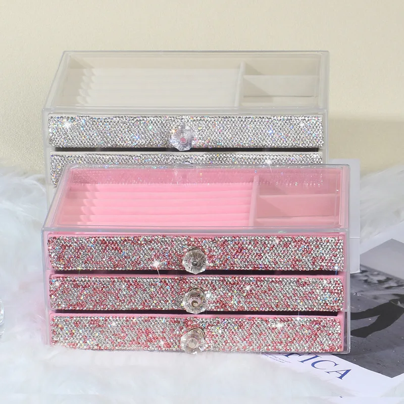 Rhinestone Three Layer Velvet Jewelry Storage Box Transparent Earring Jewelry Organizer Ring Display Jewelry Box Dust Proof Case