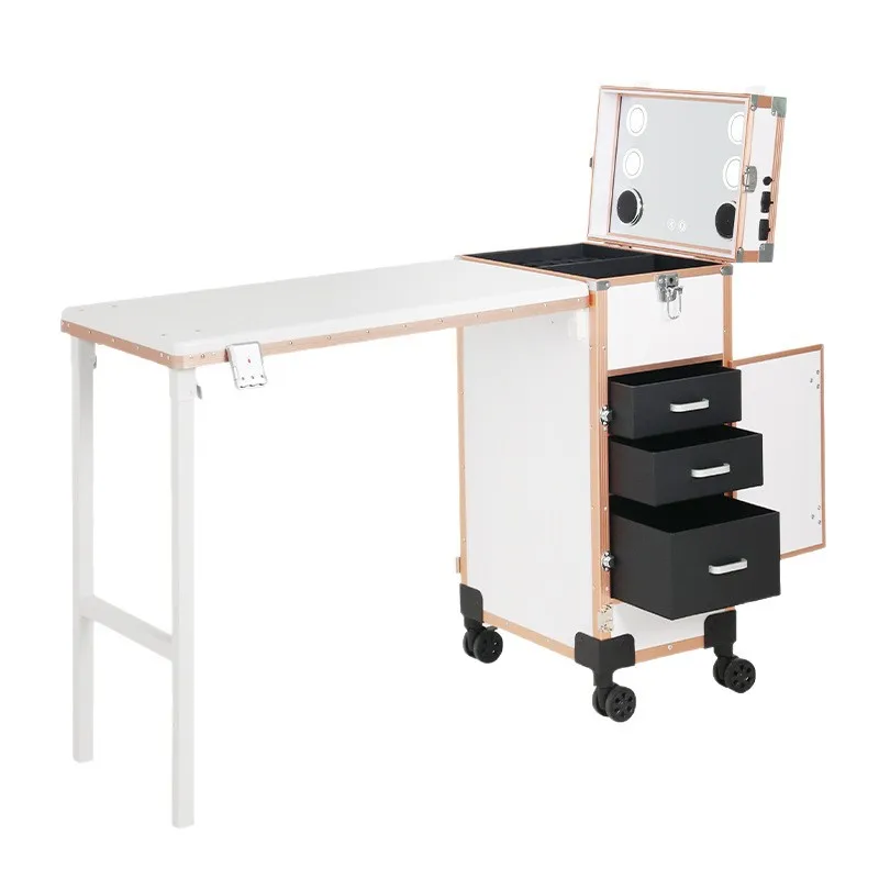 Portable Rolling Manicure Table for Nail Teach Foldable Traveling Nail Desk Table with Mirror Makeup Train Case Cosmetic Trolley