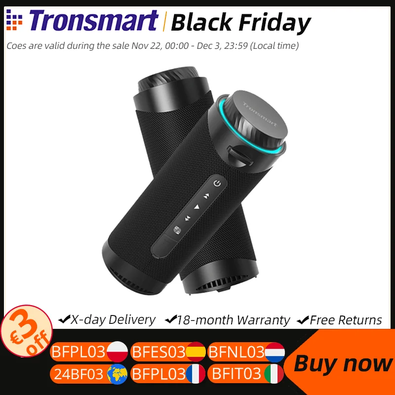 Tronsmart T7 Portable Speaker Bluetooth Speaker with Balanced Bass, IPX7 Waterproof,  LED Modes, for Outdoor