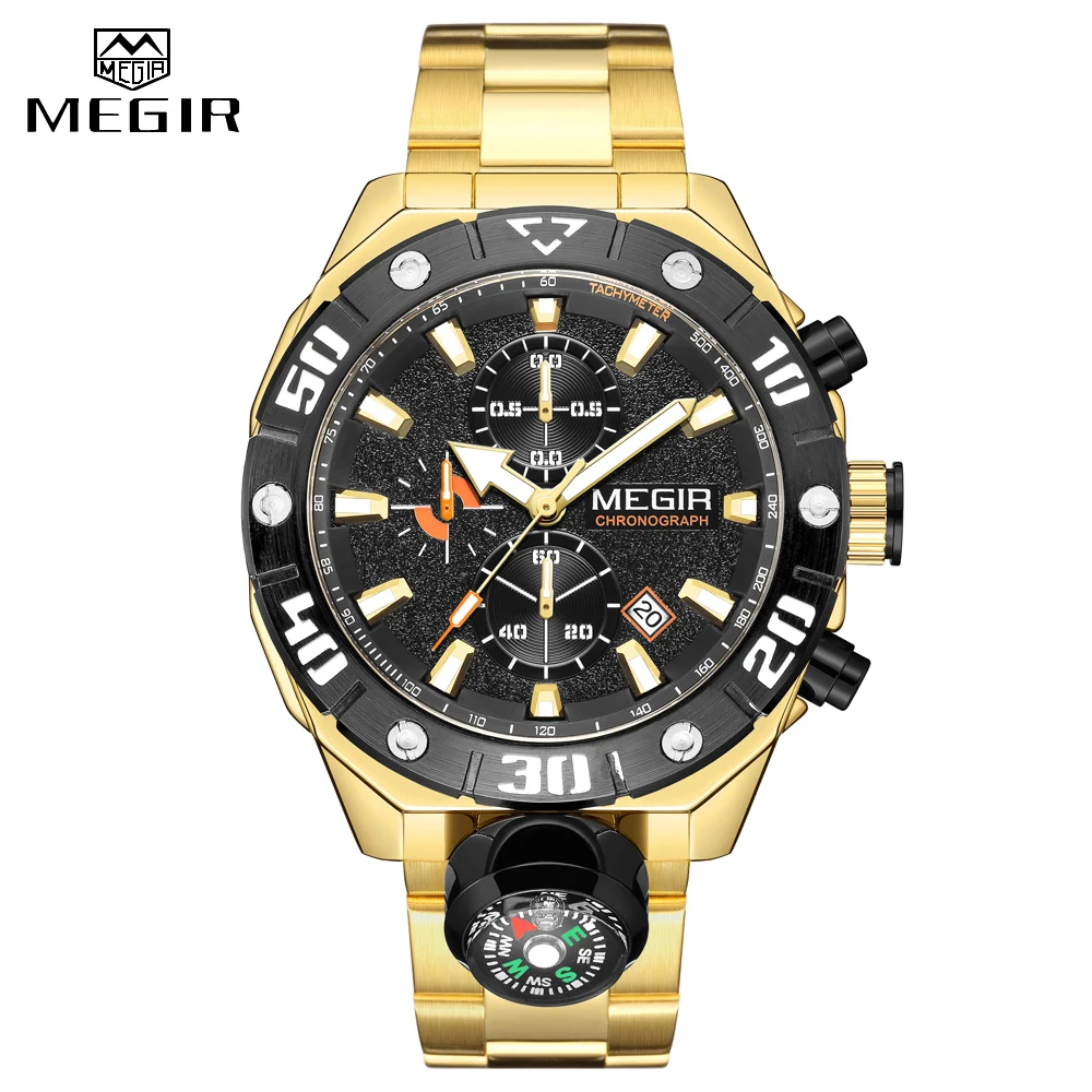 

MEGIR Top Brand Chronograph Quartz Watch for Men Fashion Sport Wristwatch Male with Luminous Auto Date (Decorative Compass)