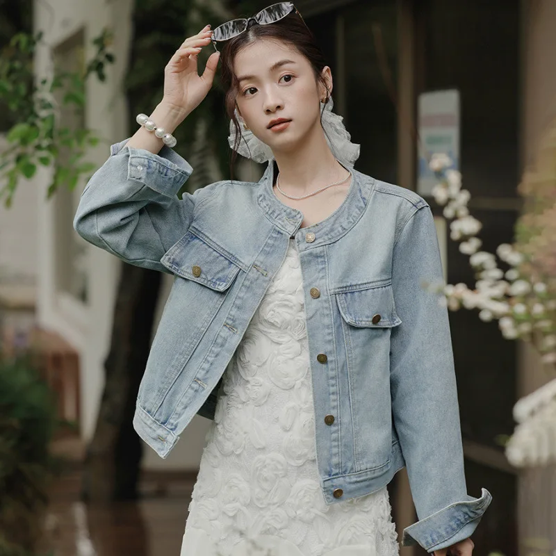 

Ретро светло-голубая джинсовая куртка с длинными рукавами для женщин, простая универсальная модель с круглым вырезом, однобортная верхняя одежда в корейском стиле, короткое пальто