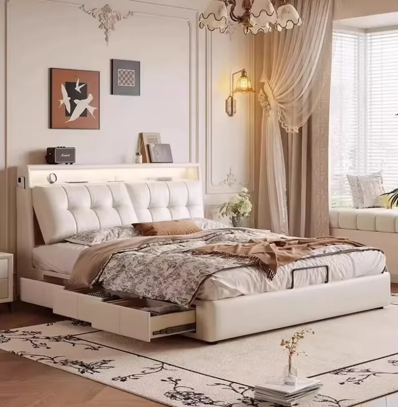 Modern Italian King Size Double Bed, Large Headboard High Bed Frame Built-In Storage Organizer for Household Use