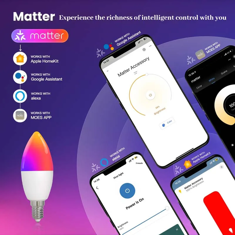 Matter Tuya Smart WiFi Bulb Dimmable Led Light 16 Million RGB Candle Light App Remote Control LED Bulb Light