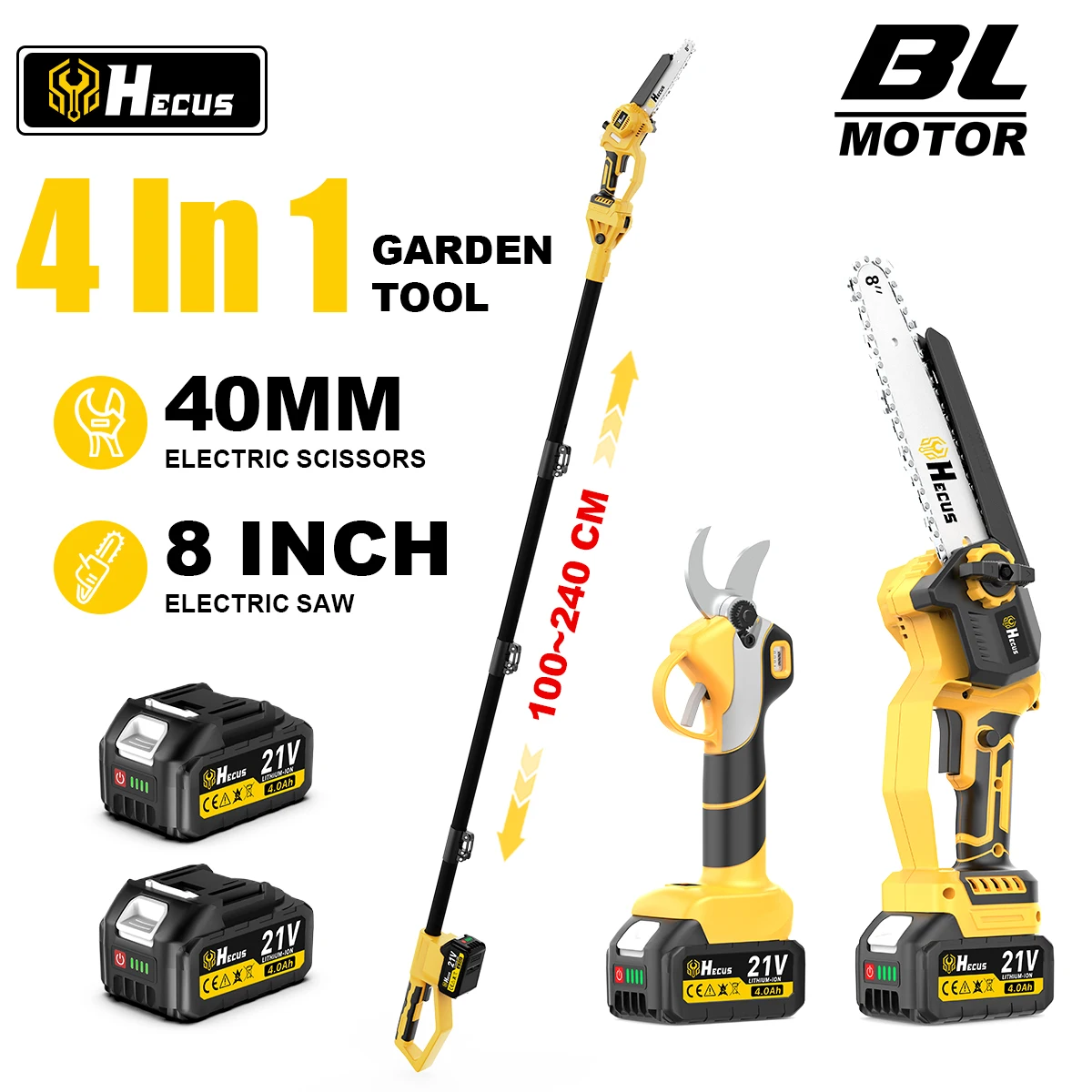 Hecus 4-in-1 Bürstenlose Teleskop-Elektrokettensäge Schere Hochastsäge Gartenpflegewerkzeug für Makita 18V Akku