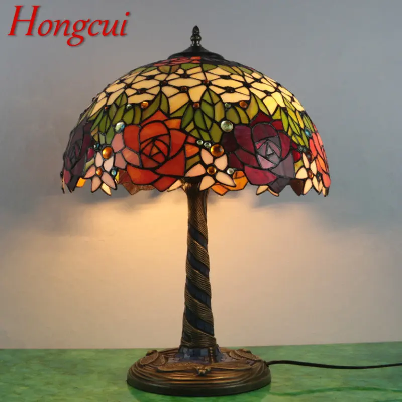 Hongcui Tiffany Glass Table Lamp LED Creative Retro Flowers Desk Light Fashion Decor For Home Living Room Bedroom Bedside