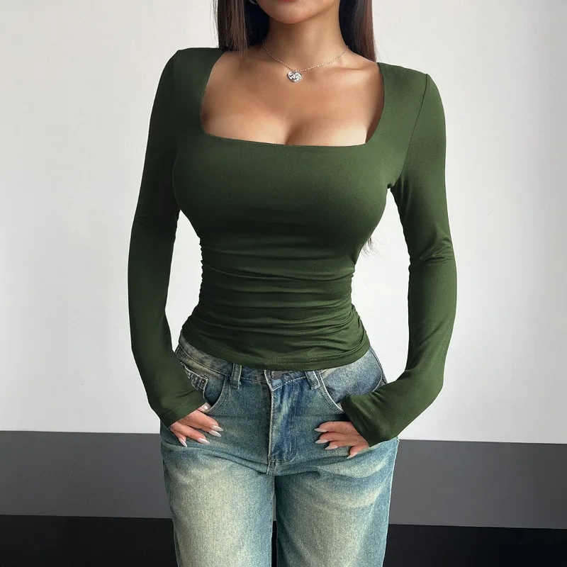 Square Neck Long Sleeve Pullover Tight Tops Ropa De Mujer Basic Blouses Clothes T-shirt Feminina Tees Graphic T Shirts Camisetas