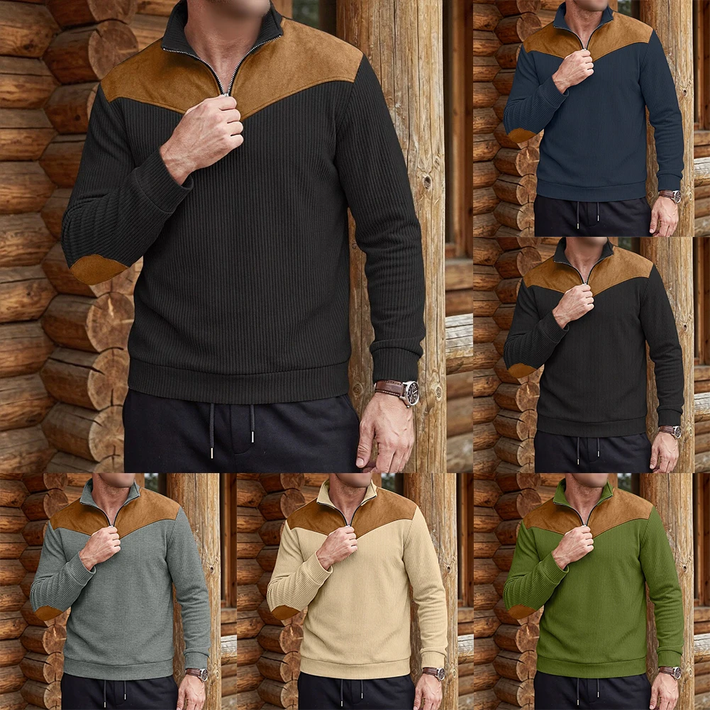 Men Patchwork Sweatshirt with Contrast Color Panels Corduroy Suede Blend Turn Down Collar Long Sleeve Zipper Top
