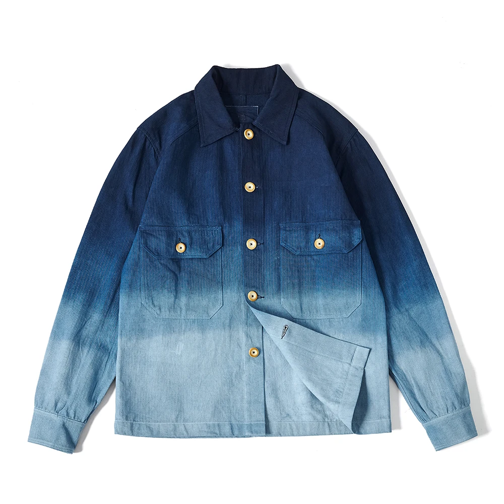 Vintage Herringbone Cargo Indigo Jacket Men Spring Autumn New Lapel Multi-pocket Gradient Blue Dyed Jacket Casual Cardigan Coat