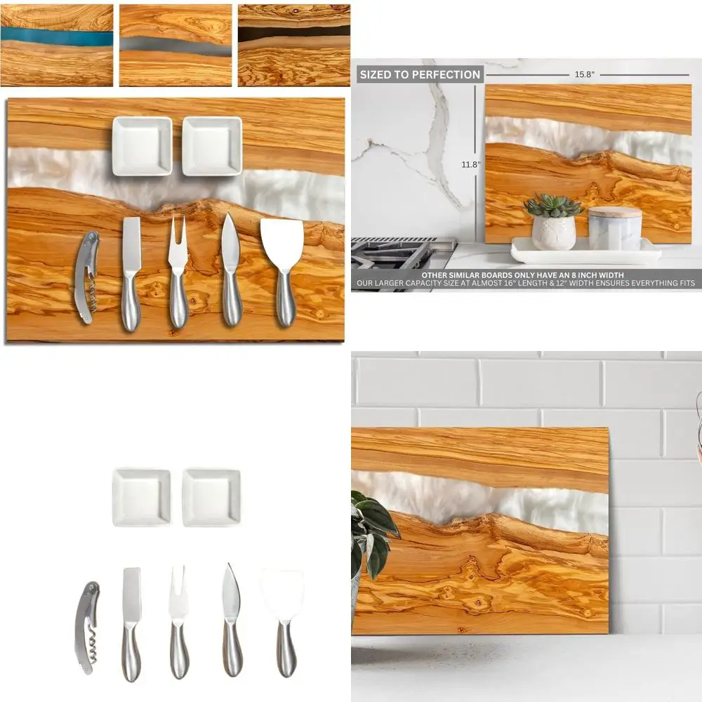 

Italian Olive Wood Cheese Board Set with Pearl Art, 4 Knives, 2 Bowls, Corkscrew