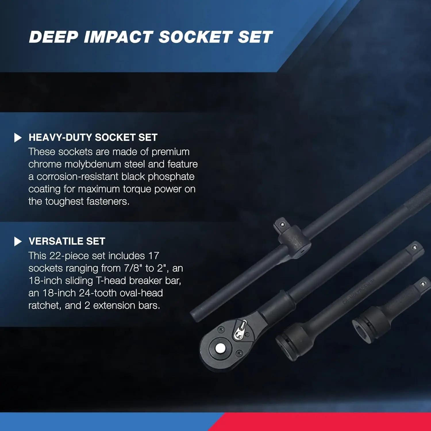 3/4-Inch-Drive Deep Impact Socket Set, SAE Sizes 7/8" To 2", Ratchet Handle & Extension Bars, 22-Piece Set