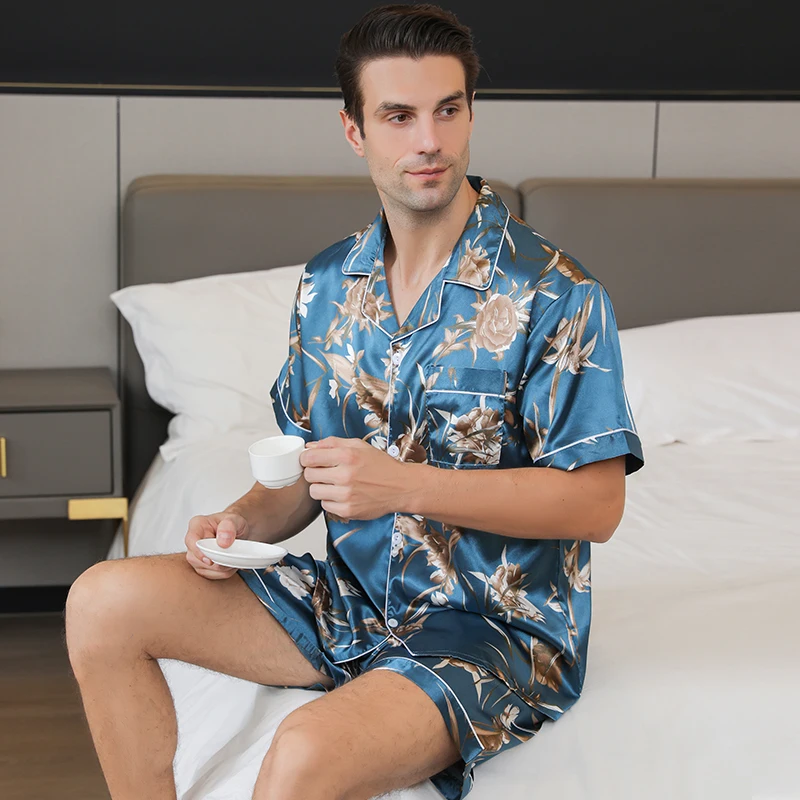 Pijama de seda de gelo masculino, casaco fino casual, pode ser vestido como conjunto, roupa de casa, verão