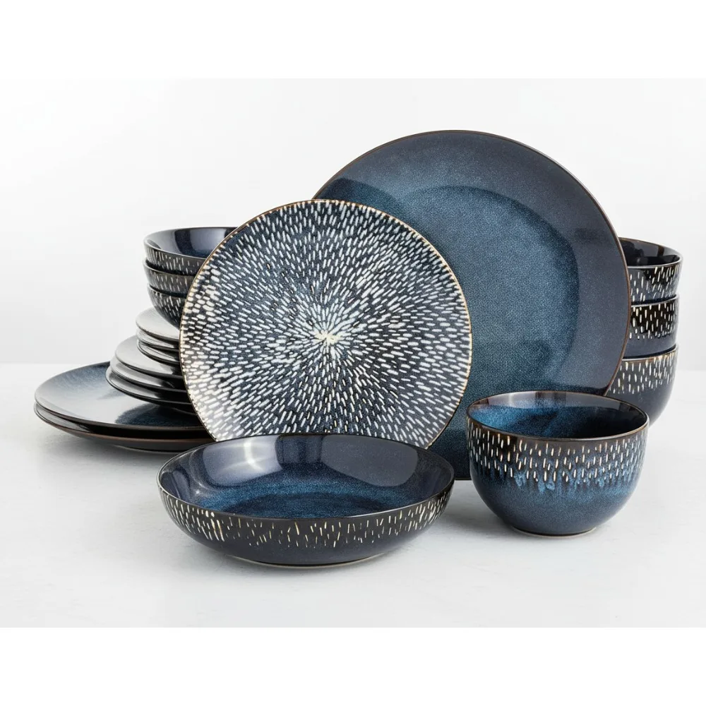 

16-Piece Dinnerware Set for 4 - Reactive Glaze Stoneware in Blue, Microwave & Dishwasher Safe, Modern Rustic Design