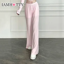 IAMHOTTY Sweet Jacquard Knitted Pants Pink White Casual Basic Baggy Elastic High Waist Sweatpants Jogging Yoga Fitness Trousers