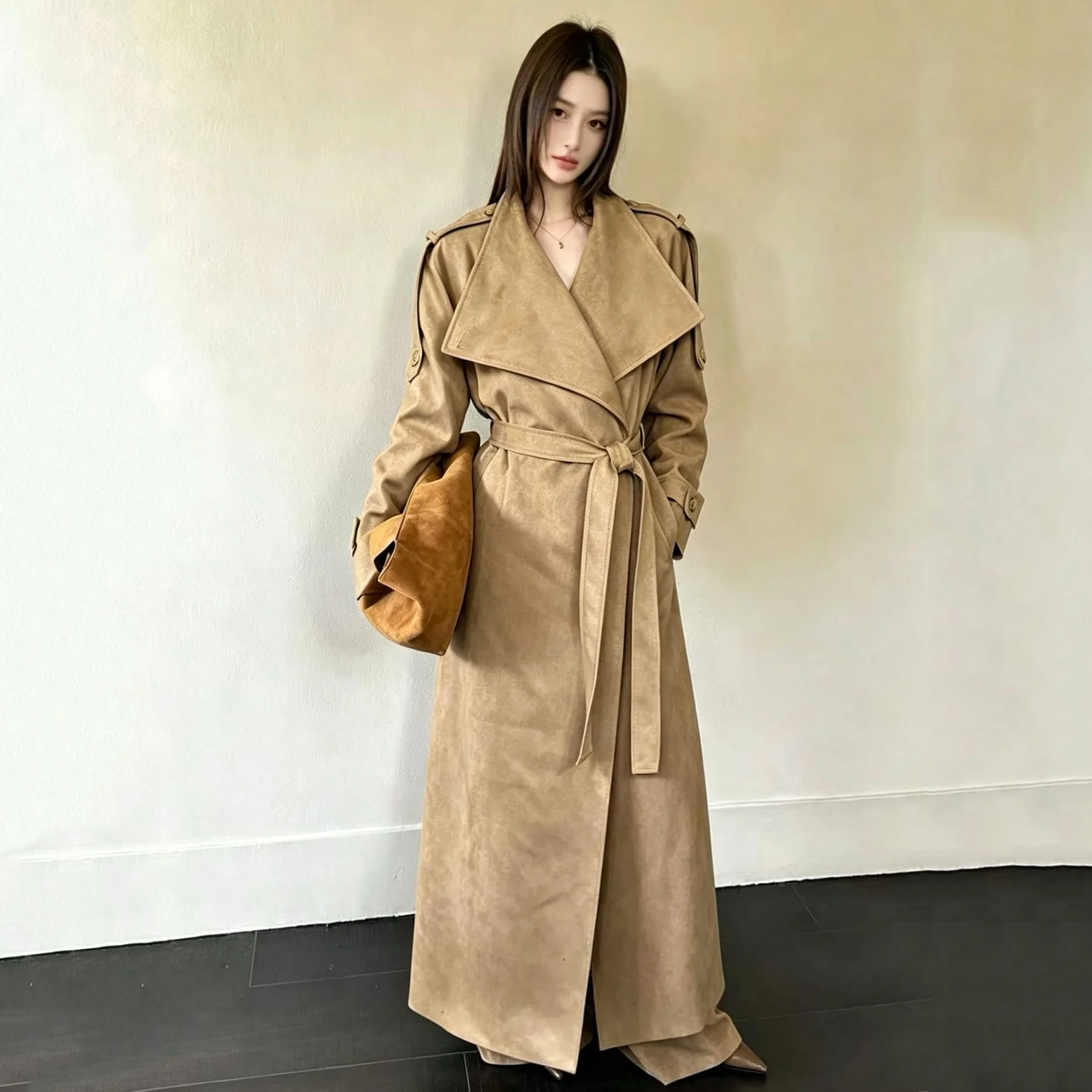 RU Women Shawl Collar Suede Maxi Trench Coat Epaulet Decoration Self Tie Belt Autumn Winter Vintage Trendy Outerwear