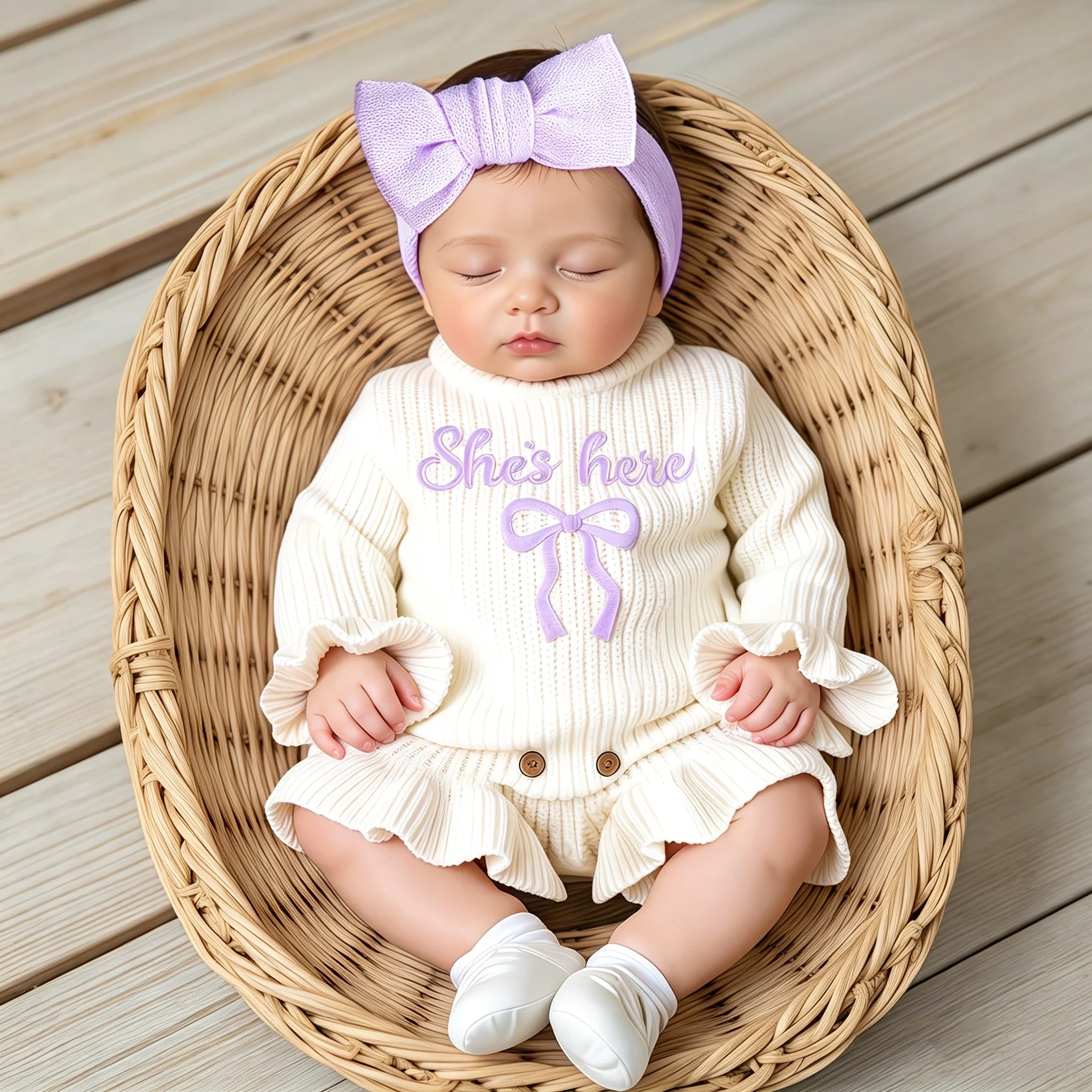 2Pcs Set Knitted Newborn Photography Outfits with Bow Headband Bow Embroidery Baby Girl Ruffle Romper Infant Knitting Sweater