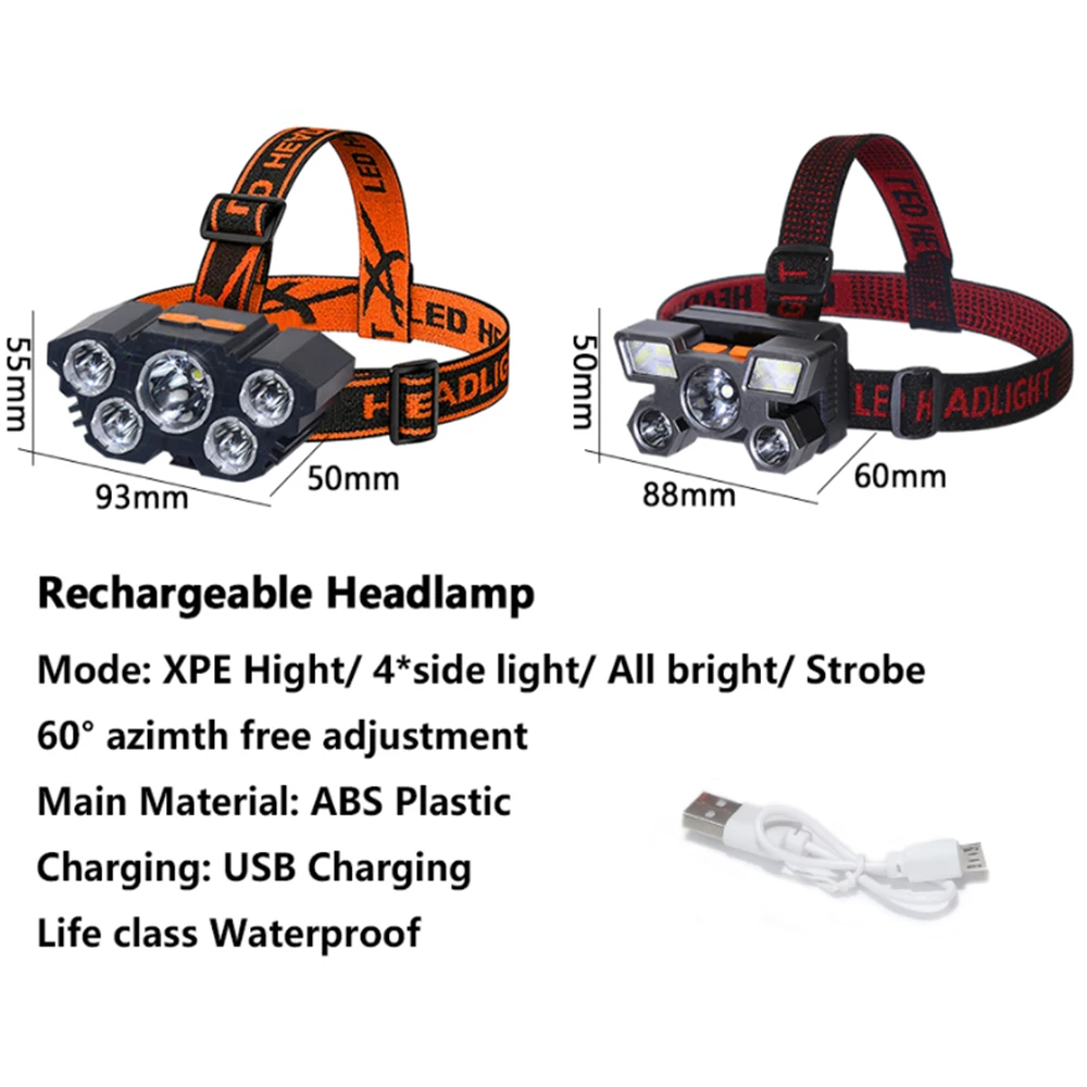 LED Head Flashlight Five Head LED Headlight Strong Light Super Bright USB Rechargeable Fishing Working Long Range Mount Headlamp