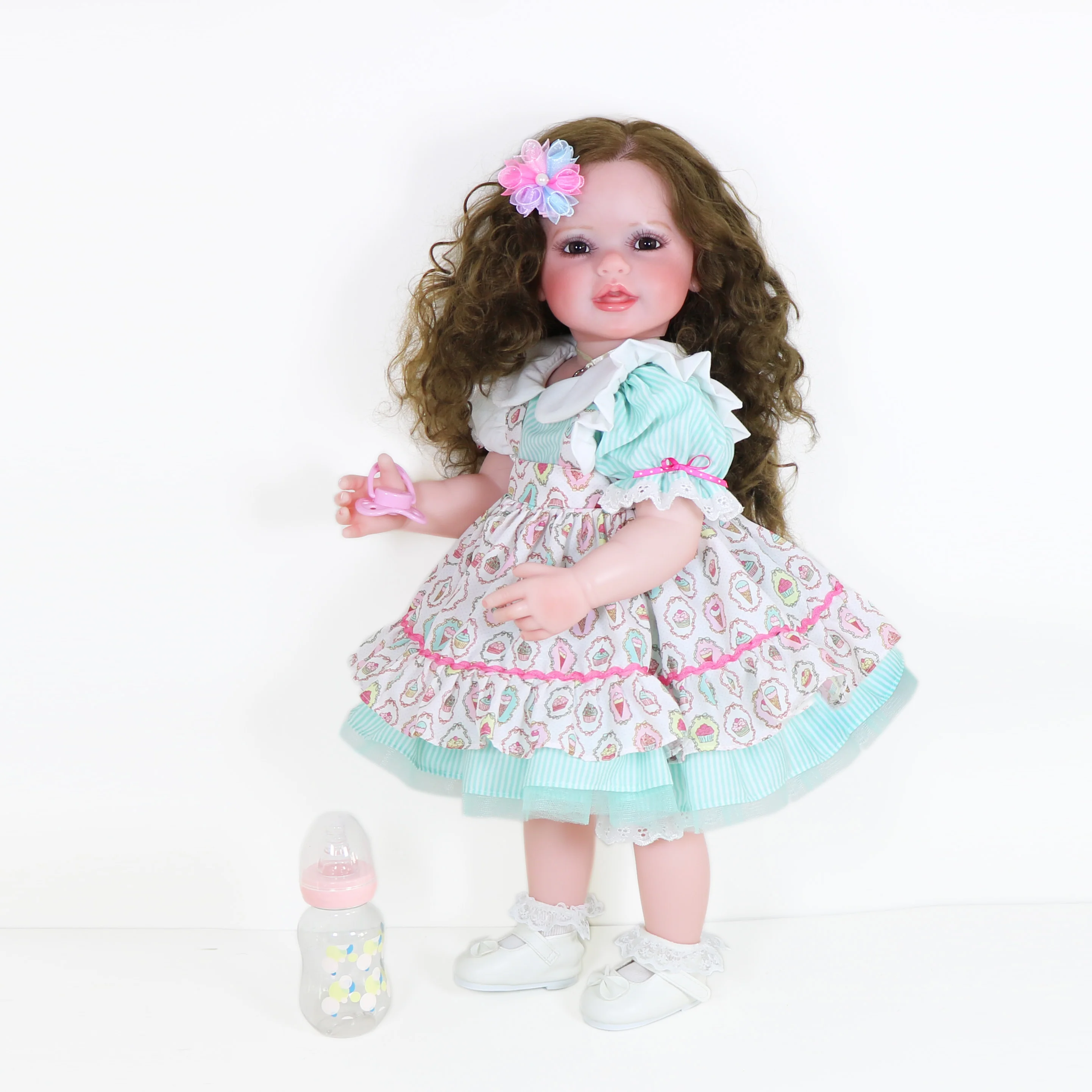 22 inch Standing Reborn Toddler Dolls Smile face with 3D Painted Skin Visible Veins and Rooted Brown Hair Full Vinyl Body