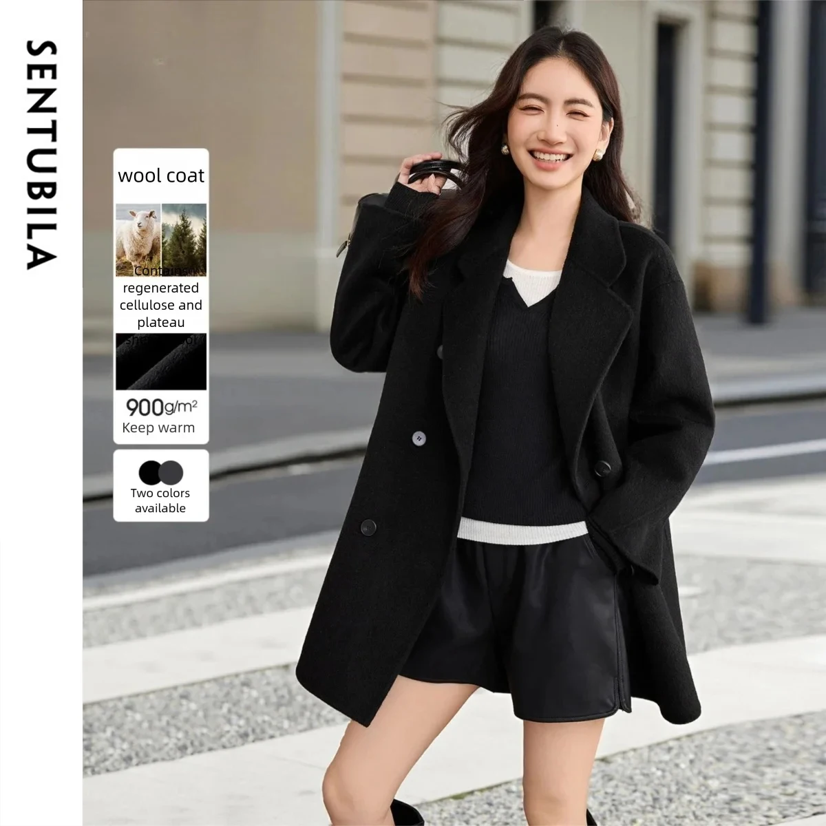 SENTUBILA Women's Double-Sided Wool Temperament Commuter Coat Winter 2026 Double-Breasted Loose Fit Versatile Coat W54OA8786