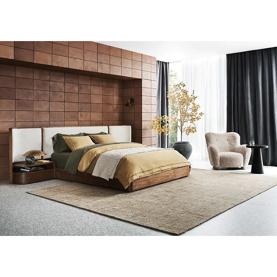 Modern Minimalist Walnut King Bed with Integrated Nightstands, Luxury Upholstered Bouclé Headboard, SolidWood Japan Platform Bed view 6