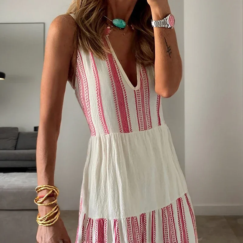 Seksowna plisowana sukienka imprezowa z dekoltem w szpic dla kobiet Casual Patchwork Contrast Color Stripe Sleeveless Pullover Tank Dresses